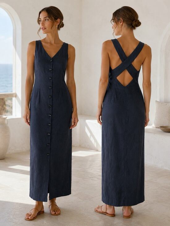 Vintage Dresses & Skirts - Vtg 90s Navy Blue 100% Linen Maxi Dress Button Front Open Back Resort Coastal 14